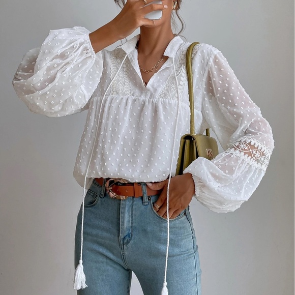 Tops - Swiss Dot V neck Tassel Tie Semi Sheer Long sleeve Top